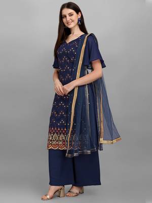 Blue Faux Georgette Embroidered Top Palazzo Dupatta 2