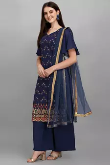 Blue Faux Georgette Embroidered Top Palazzo Dupatta