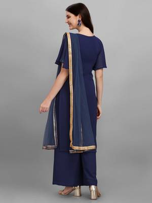 Blue Faux Georgette Embroidered Top Palazzo Dupatta 3