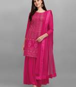 Magenta Pink Faux Georgette Sequin Embroidered Sharara Suit - Semi Stitched