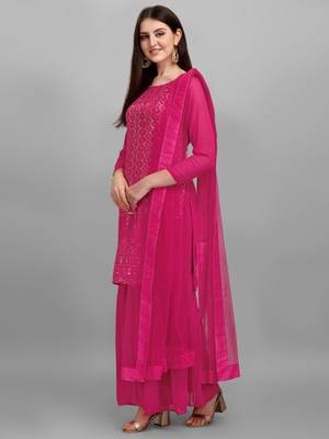 Magenta Pink Faux Georgette Sequin Embroidered Sharara Suit - Semi Stitched 2