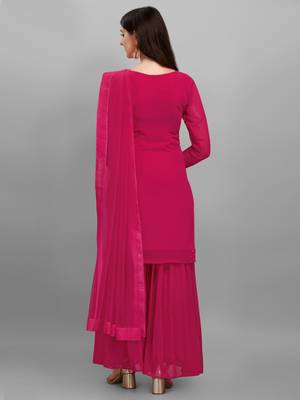 Magenta Pink Faux Georgette Sequin Embroidered Sharara Suit - Semi Stitched 3