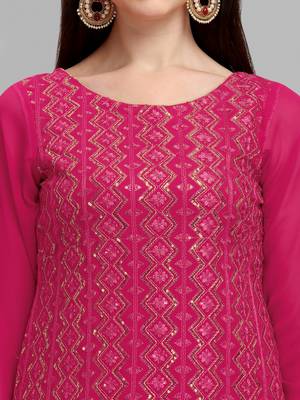 Magenta Pink Faux Georgette Sequin Embroidered Sharara Suit - Semi Stitched 4