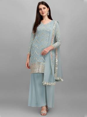 Grey Faux Georgette Foil Mirror Embroidered Semi-Stitched Top Sharara Dupatta 1