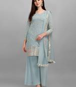 Grey Faux Georgette Foil Mirror Embroidered Semi-Stitched Top Sharara Dupatta