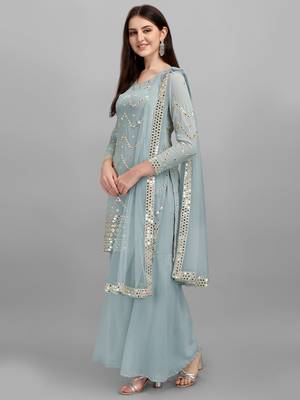 Grey Faux Georgette Foil Mirror Embroidered Semi-Stitched Top Sharara Dupatta 2