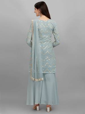 Grey Faux Georgette Foil Mirror Embroidered Semi-Stitched Top Sharara Dupatta 3