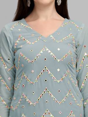 Grey Faux Georgette Foil Mirror Embroidered Semi-Stitched Top Sharara Dupatta 4