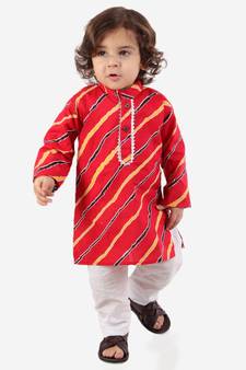 Red Leheriya Print Kurta Pajama Set.