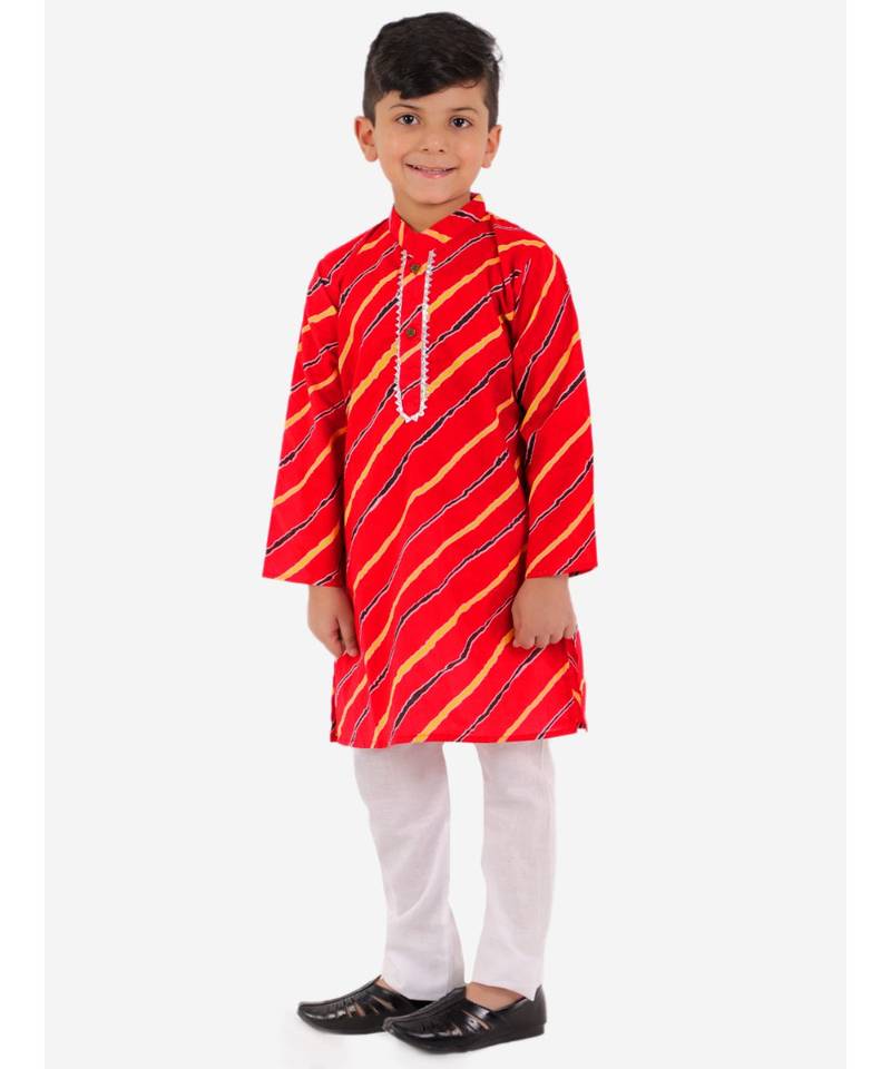 Red Leheriya Print Kurta Pajama Set.