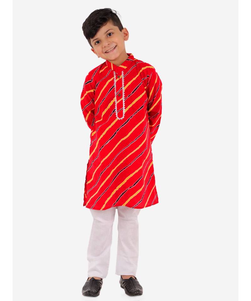 Red Leheriya Print Kurta Pajama Set.