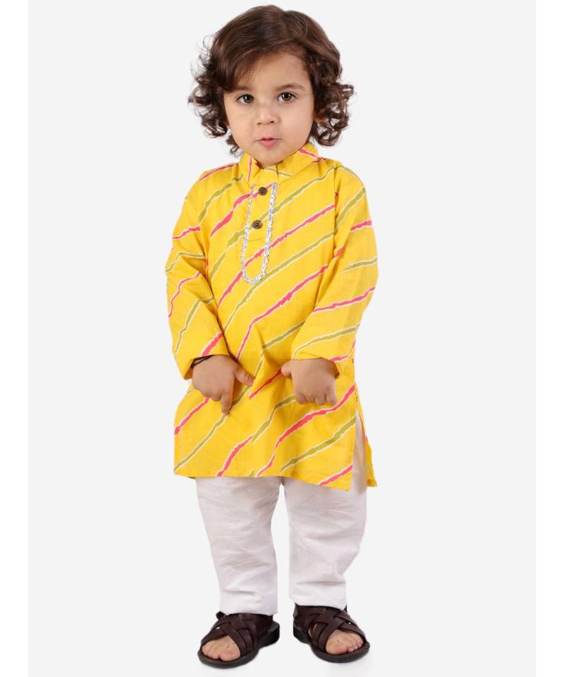 Yellow Leheriya Print Kurta Pajama Set.