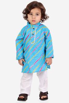 Skyblue Leheriya Print Kurta Pajama Set.