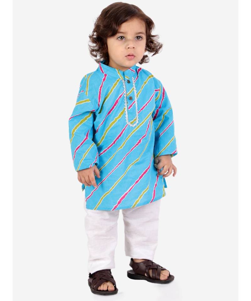 Skyblue Leheriya Print Kurta Pajama Set.
