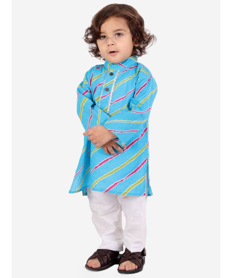 Skyblue Leheriya Print Kurta Pajama Set.