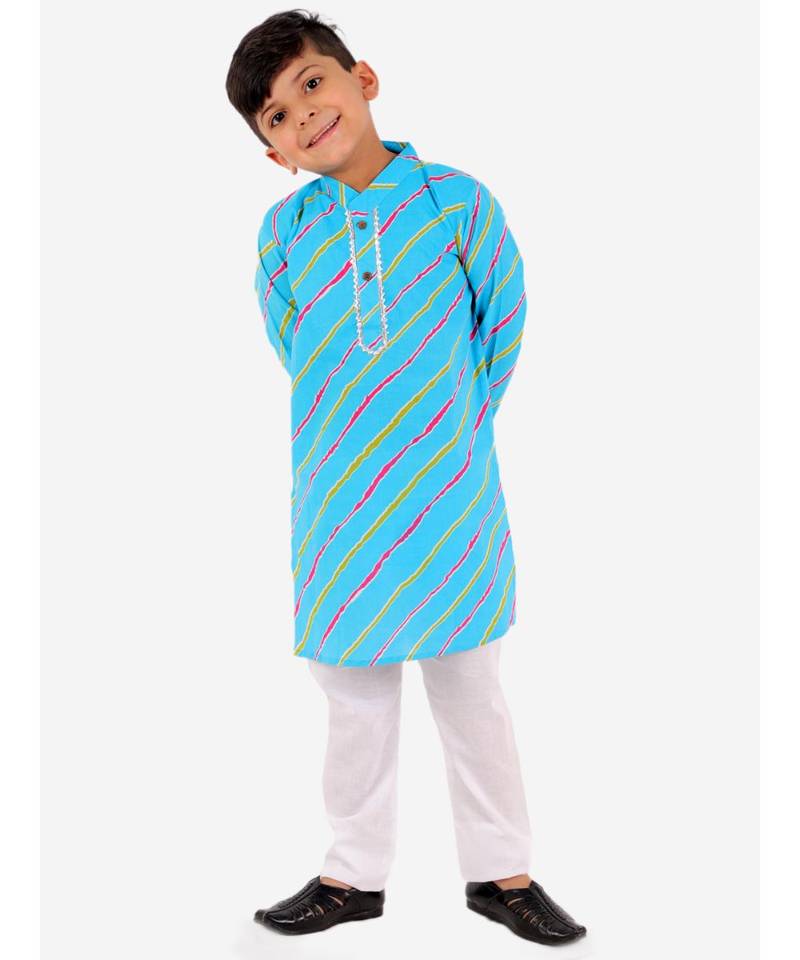 Skyblue Leheriya Print Kurta Pajama Set.