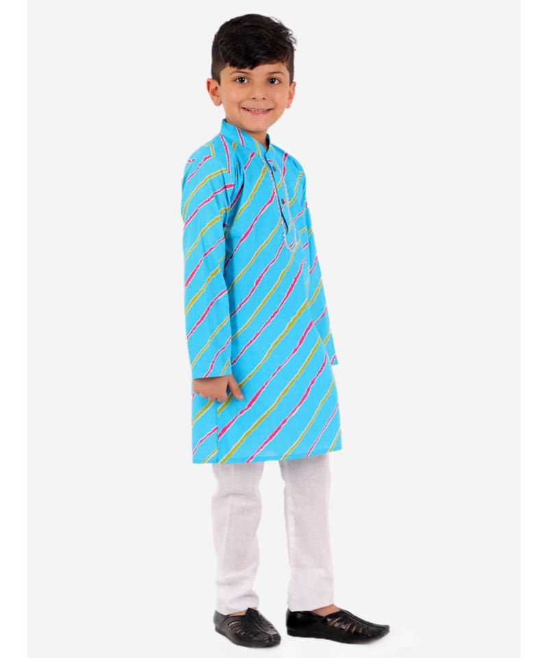 Skyblue Leheriya Print Kurta Pajama Set.