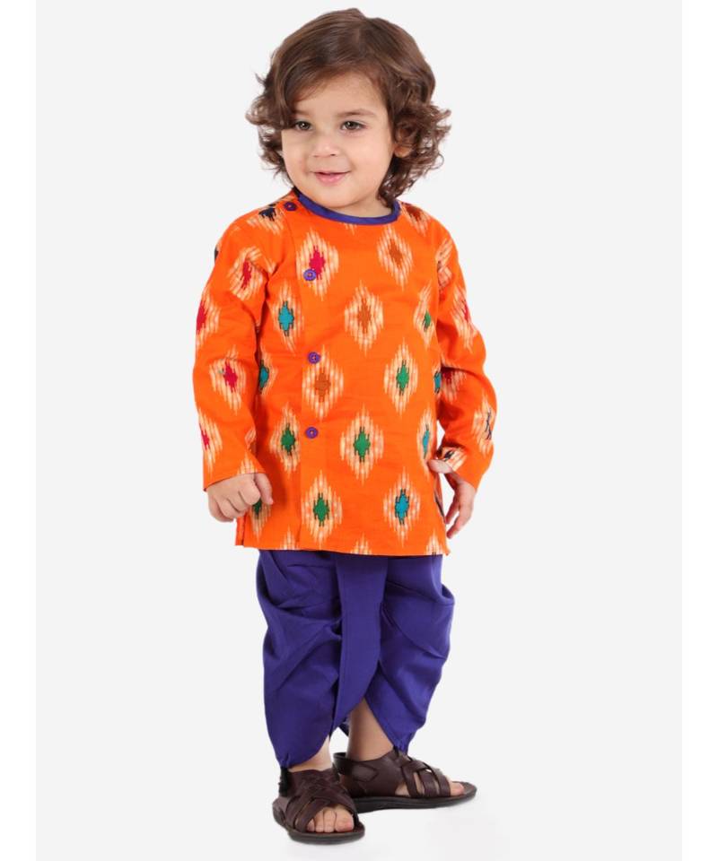 Orange  Ikkat Print Kurta Dhoti