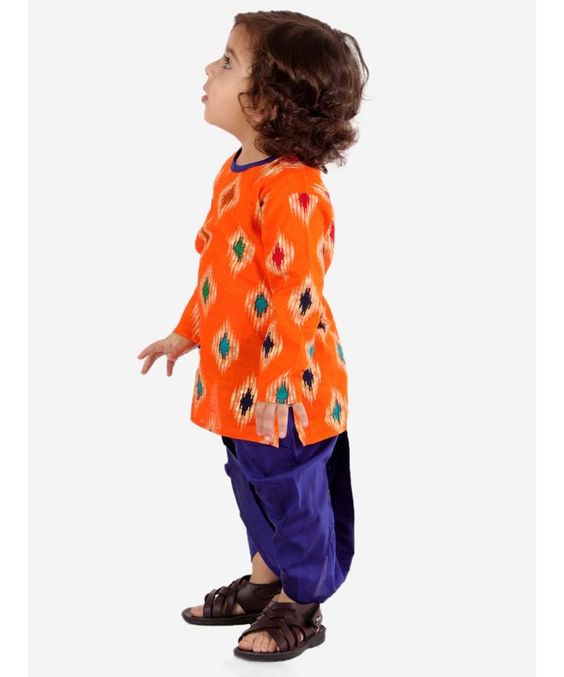 Orange  Ikkat Print Kurta Dhoti