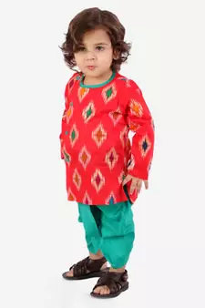 Red  Ikkat Print Kurta Dhoti