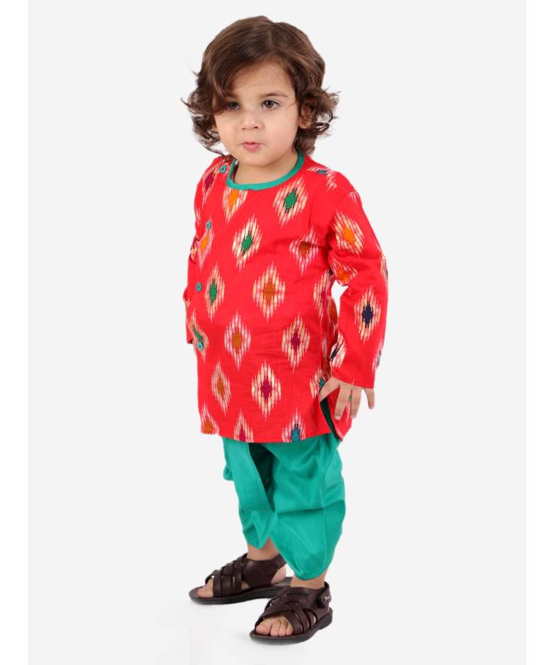 Red  Ikkat Print Kurta Dhoti
