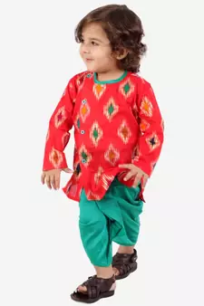 Red  Ikkat Print Kurta Dhoti