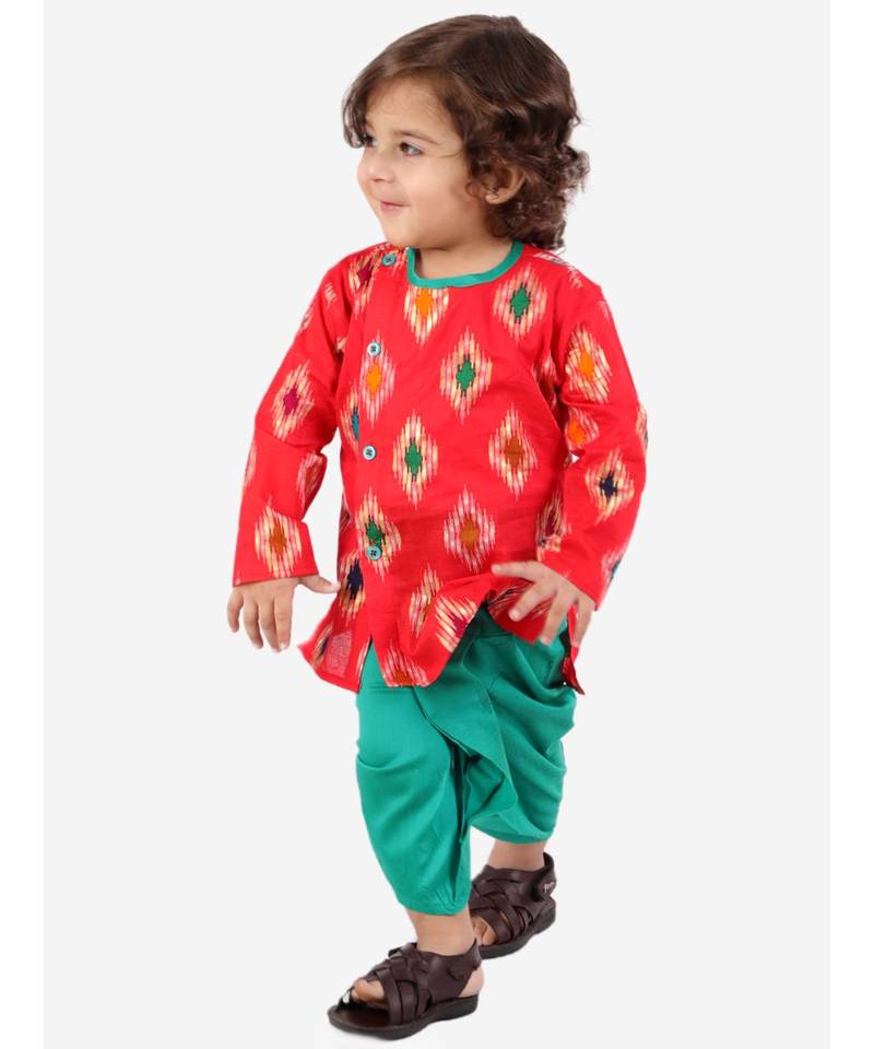 Red  Ikkat Print Kurta Dhoti