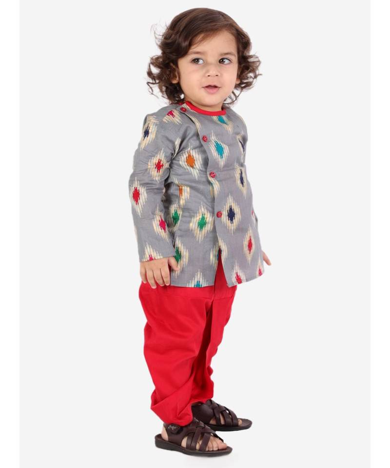 Grey  Ikkat Print Kurta Dhoti