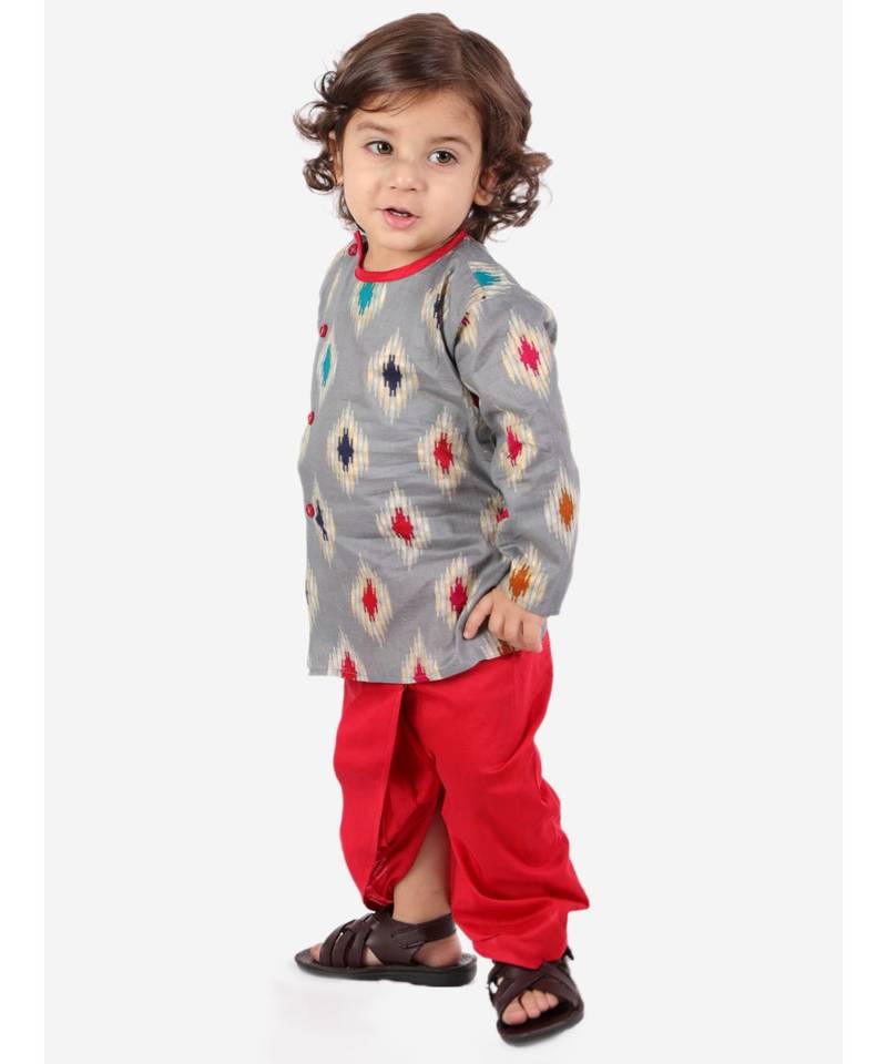 Grey  Ikkat Print Kurta Dhoti