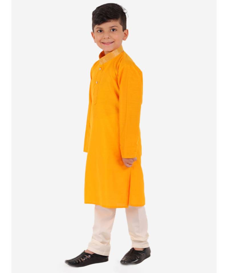 Yellow Golden Collar Kurta Pajama Set