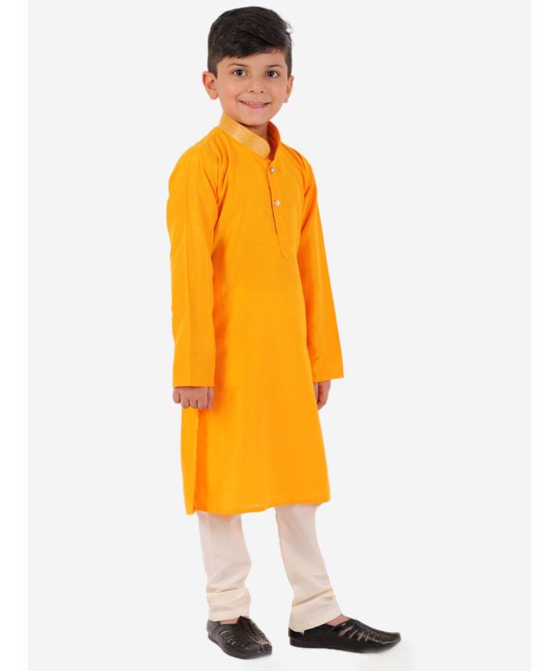 Yellow Golden Collar Kurta Pajama Set