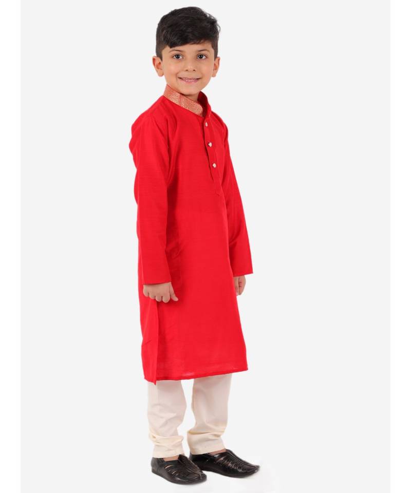 Red Golden Collar Kurta Pajama Set