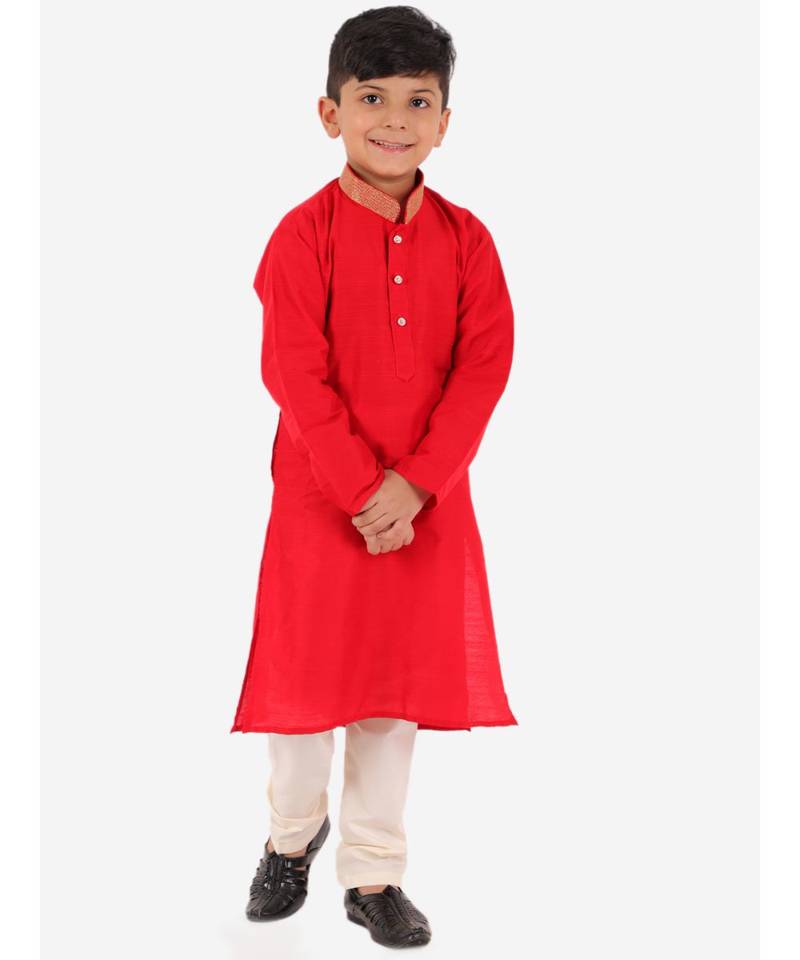 Red Golden Collar Kurta Pajama Set
