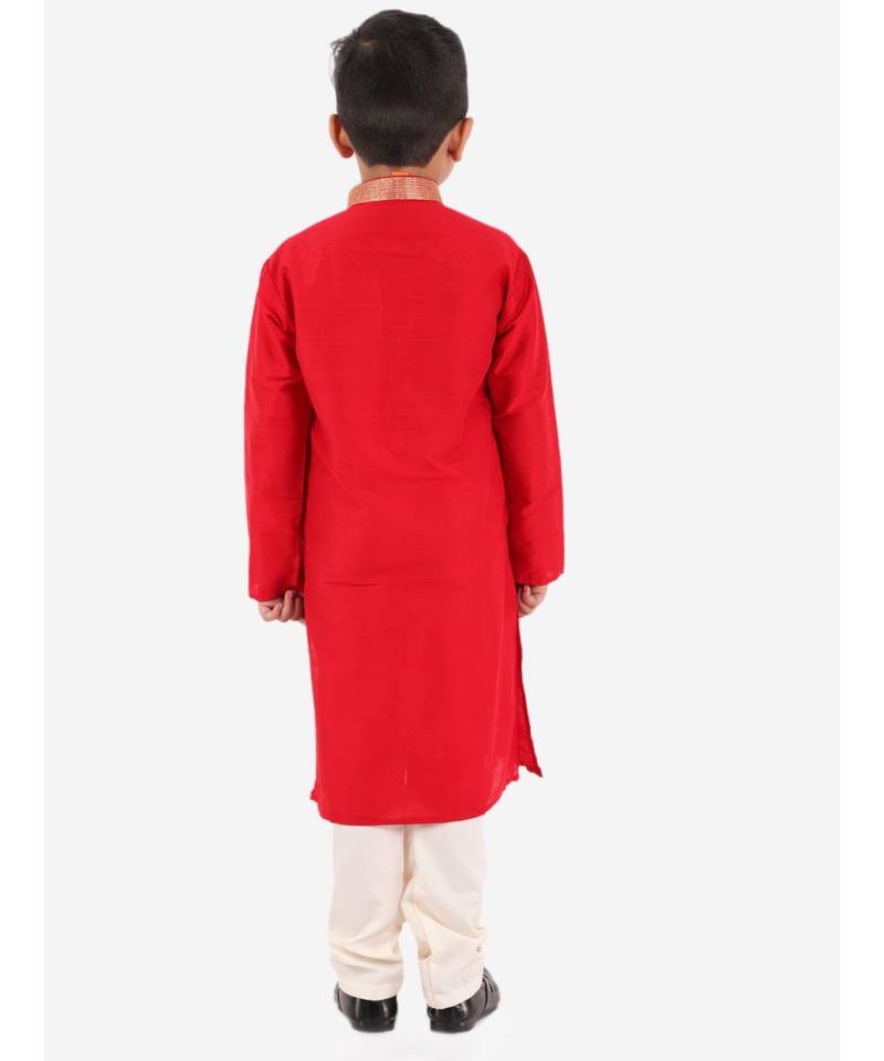 Red Golden Collar Kurta Pajama Set