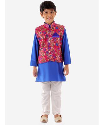 Pink   Blue Kurta Pajama With Floral Jacket 1