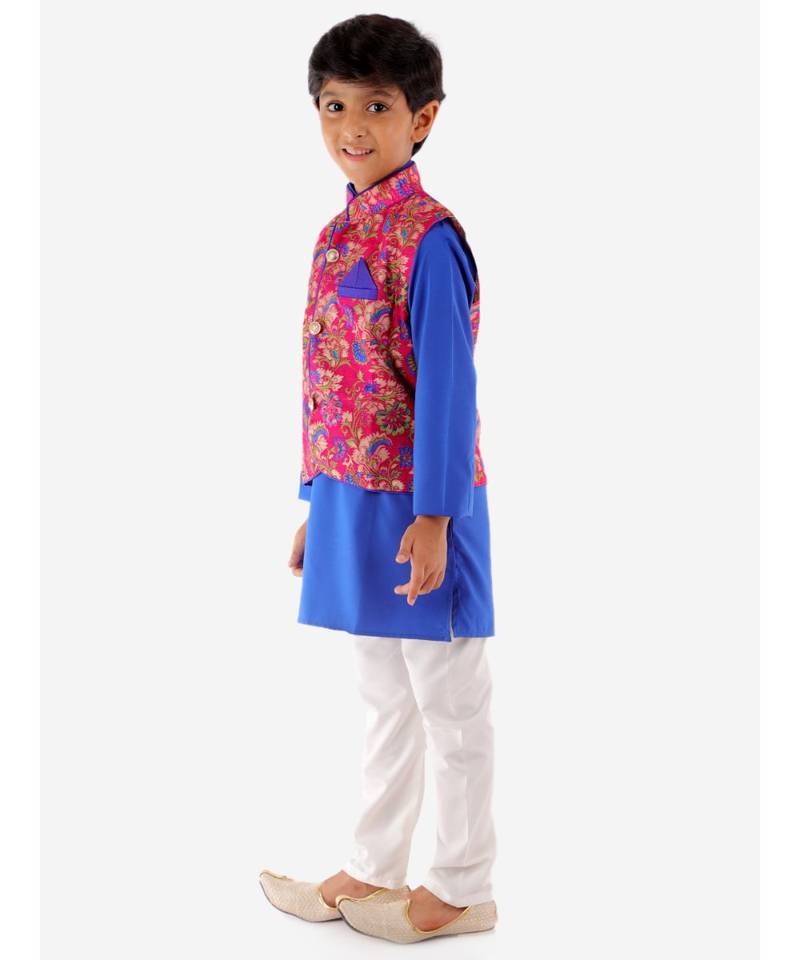 Pink   Blue Kurta Pajama With Floral Jacket