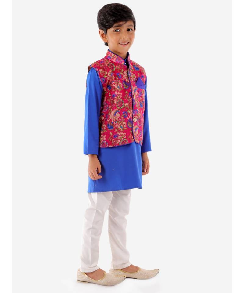 Pink   Blue Kurta Pajama With Floral Jacket