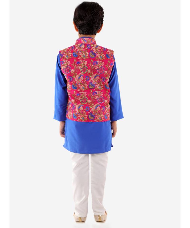 Pink   Blue Kurta Pajama With Floral Jacket