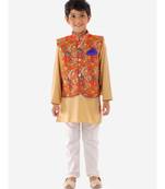 Orange   Beige Kurta Pajama With Floral Jacket