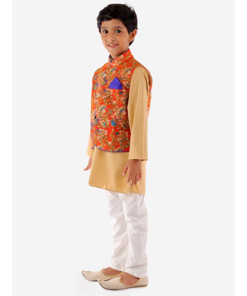 Orange   Beige Kurta Pajama With Floral Jacket