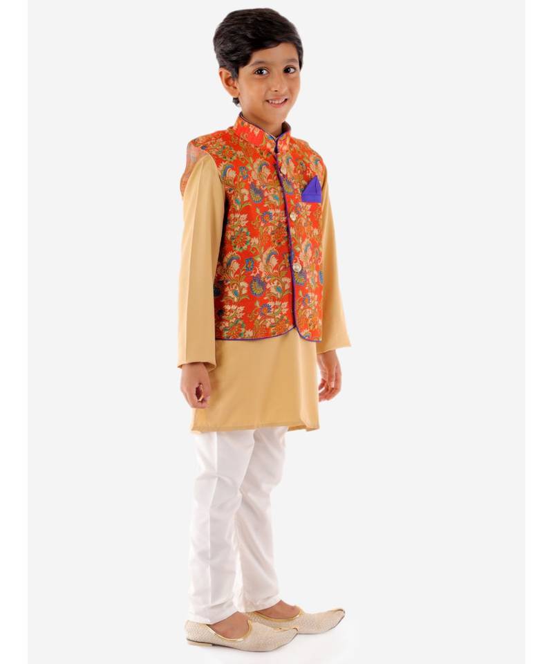 Orange   Beige Kurta Pajama With Floral Jacket