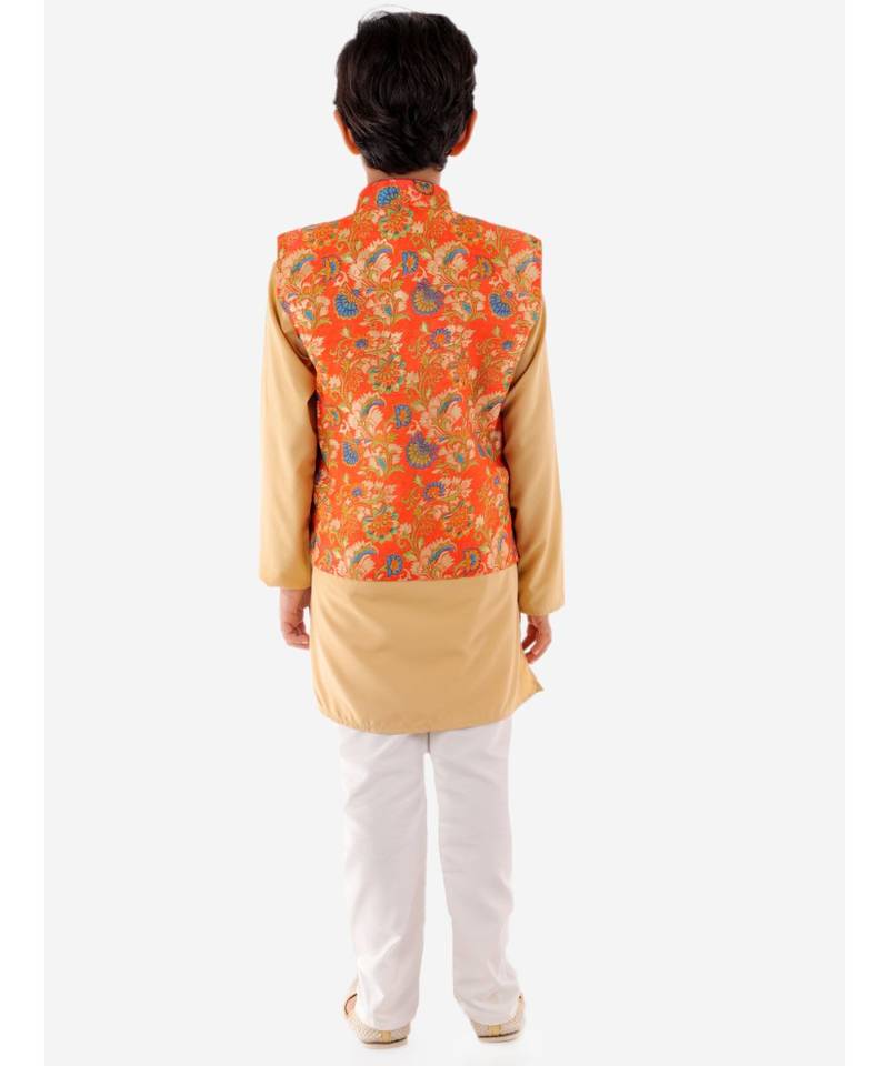 Orange   Beige Kurta Pajama With Floral Jacket