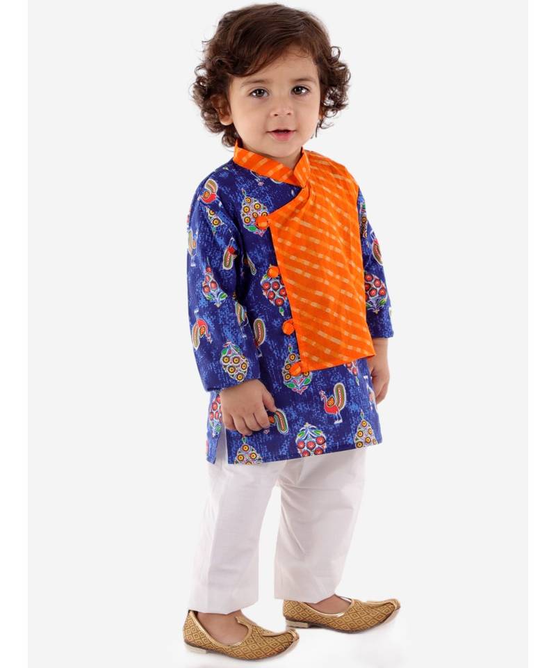Orange   Blue Front Pannel Kurta Pajama Set