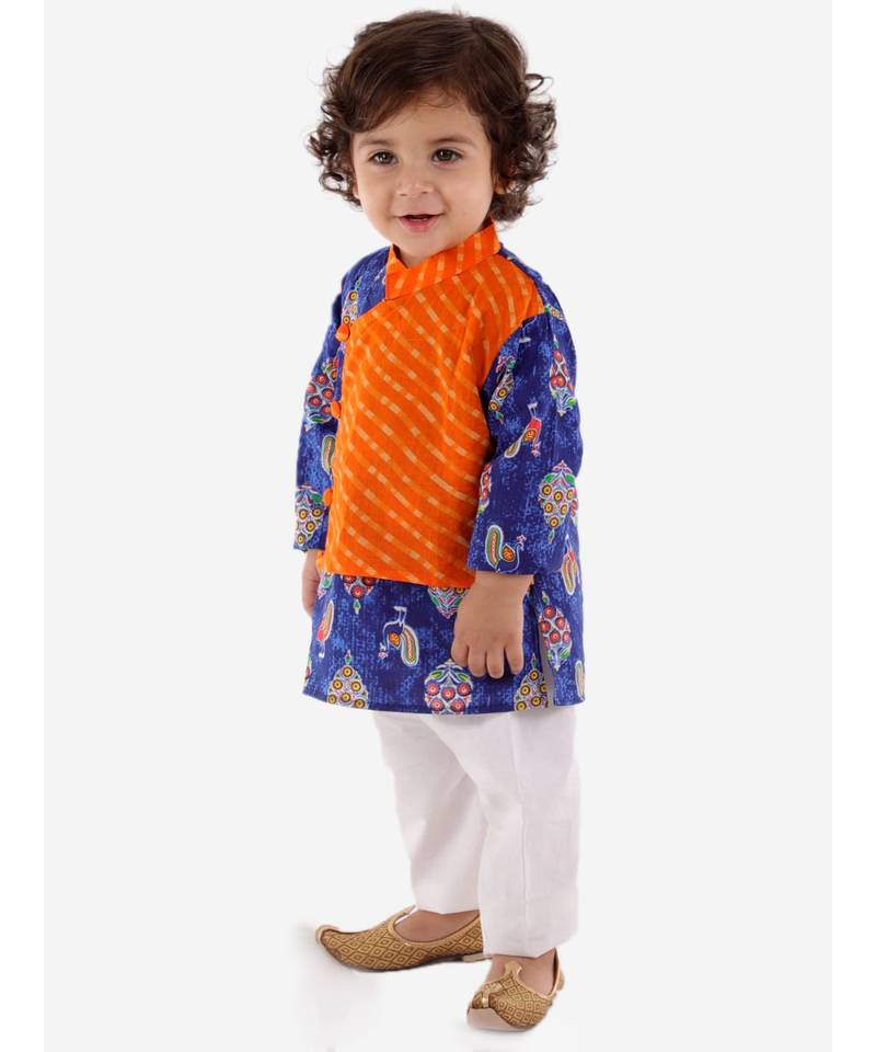 Orange   Blue Front Pannel Kurta Pajama Set