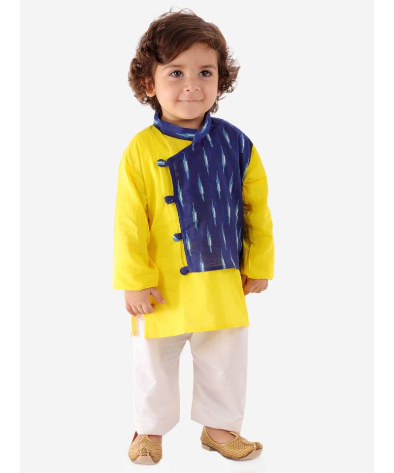 Blue   Yellow Front Pannel Kurta Pajama Set