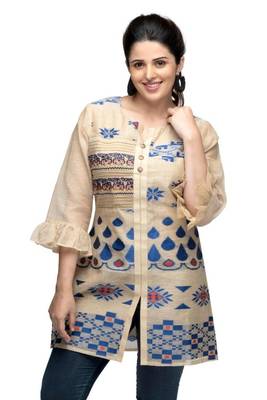 Beige printed viscose short-kurtis 1