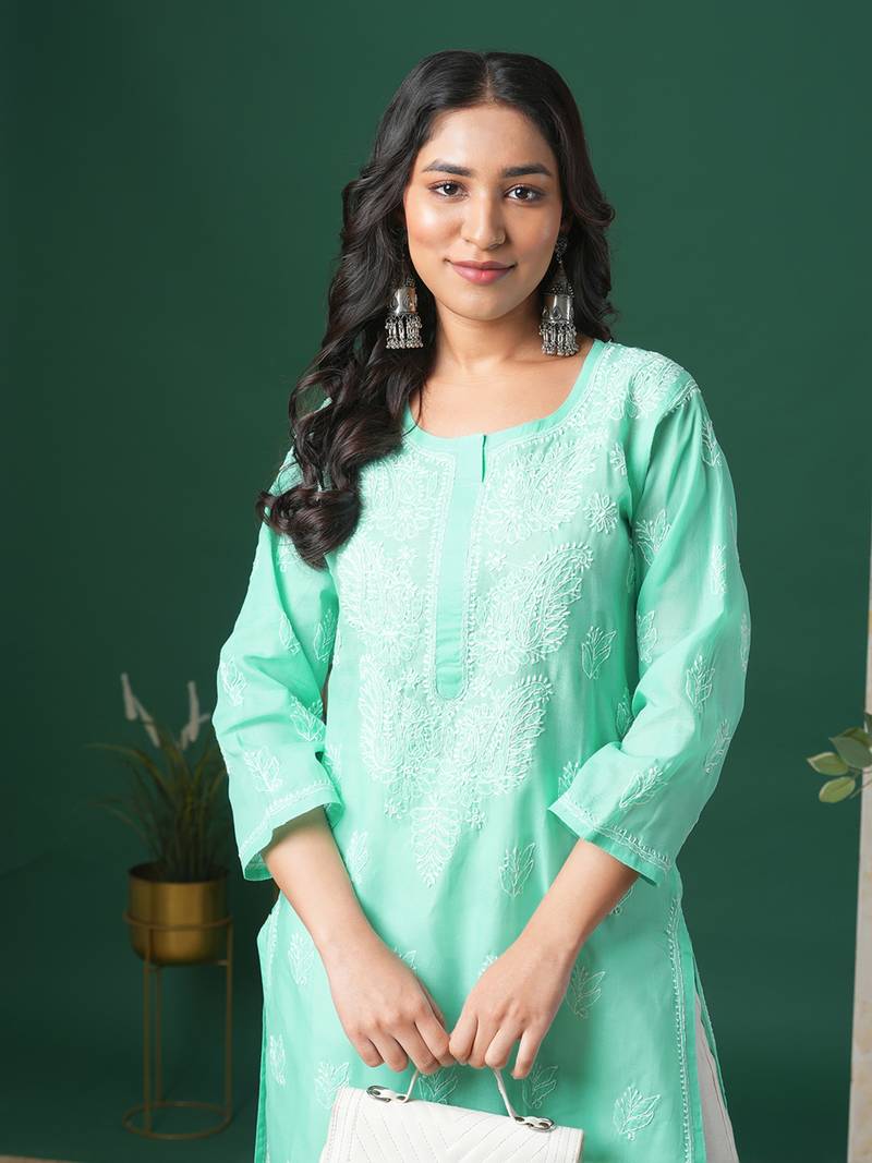 Ada Hand Embroidered Sea Green Cotton Lucknow Chikankari Women Kurta - A133580