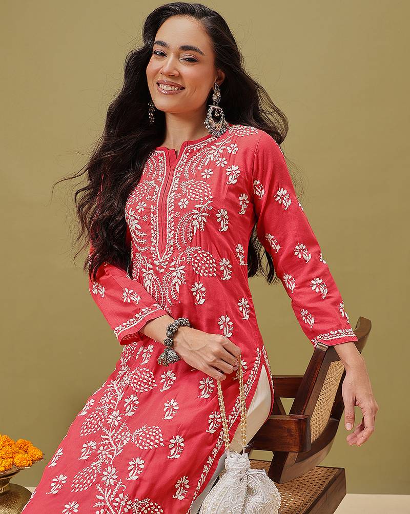Hand Embroidered Pink Cotton Lucknowi Chikan Women Kurta