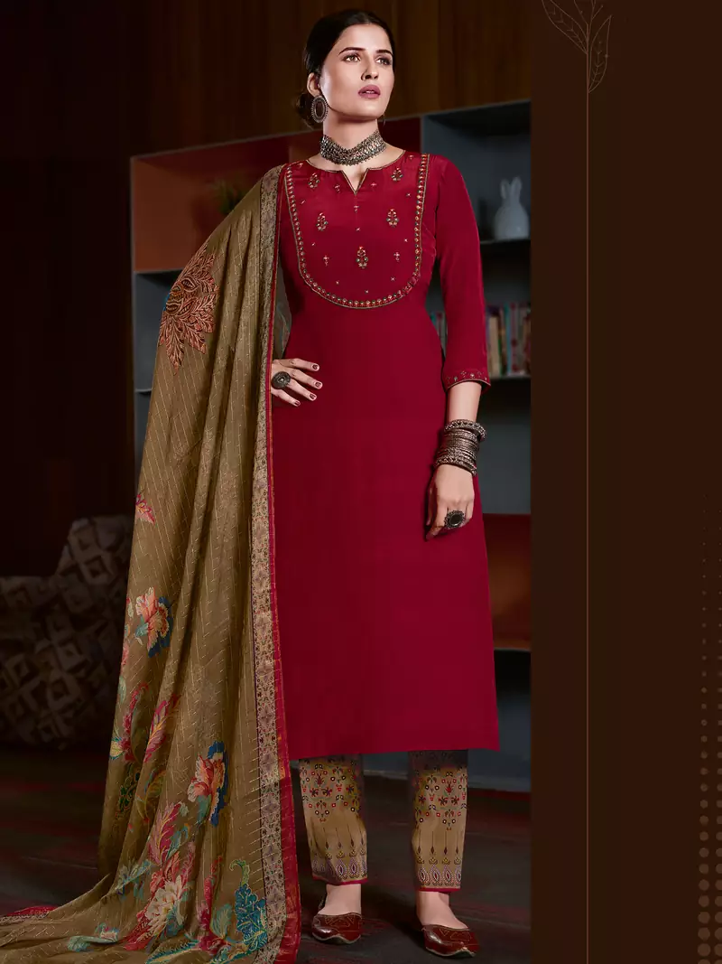 Maroon embroidered pure crepe salwar