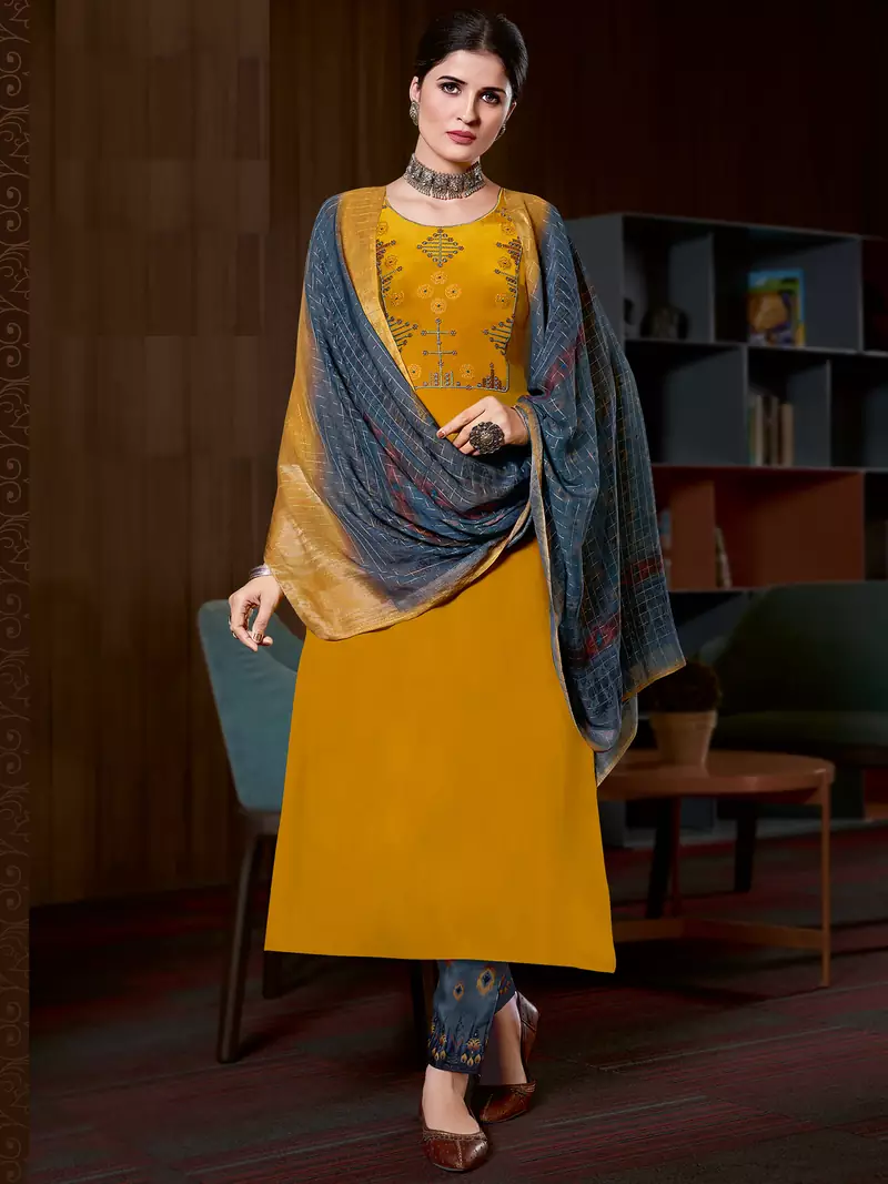 Yellow embroidered pure crepe salwar